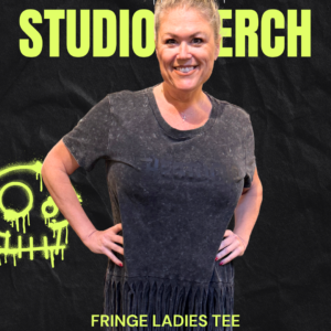 Black distressed fringe tee image of woman