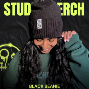 Beanie hat black with The Studio label on it