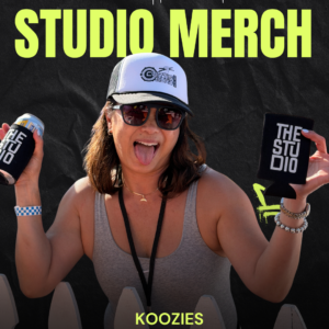 Woman holding two koozies